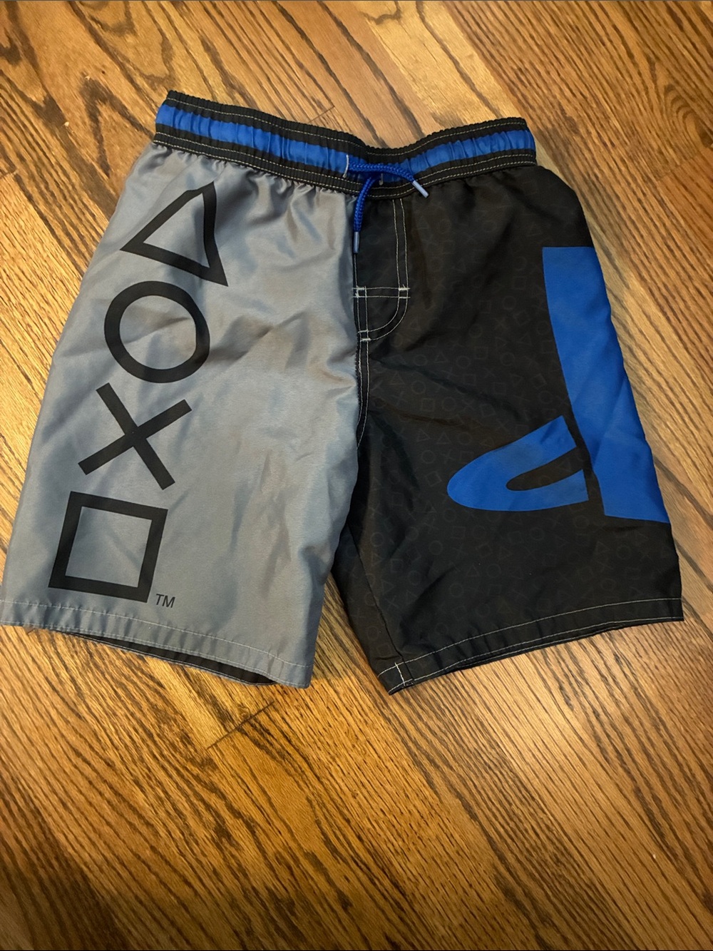 PlayStation Swim Shorts Size 8-10 Gray & Black Board Shorts Blue Logo Accents